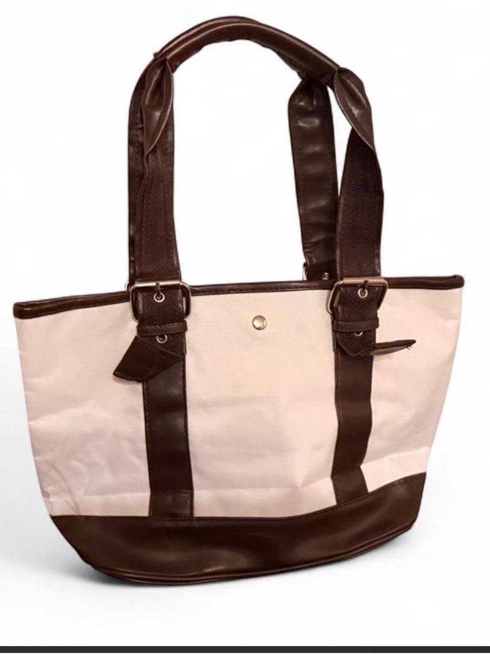 Canvas Tote Bag with Brown Trim - Neutral Two-Tone Shoulder Bag